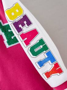 SHEIN Cô Gái Trẻ Đồ họa Chữ cái Sọc trang trí Áo khoác Đại học Không có áo Hoodie - Màu Hồng Tươi - Xem 6