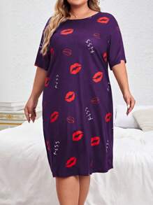 Plus Lip Print Nightdress - Purple - View 3