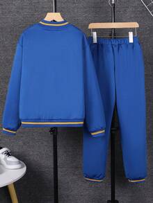 Tween Boy Letter Graphic Striped Trim Jacket & Sweatpants Without Hoodie - Blue - View 2
