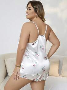 CottageSlumber Plus Floral Print Contrast Lace Satin PJ Set / Pajama Set White Set - White - View 2