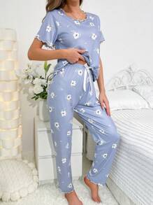 Floral Print Lettuce Trim PJ Set / Pajama Set Lounge Wear Setpajamas Set For Womanblue Pajama Set - Blue - View 6
