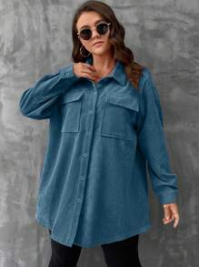 SHEIN LUNE Hơn Túi có nắp Thả vai Áo khoác vải nhung - Màu xanh bụi bặm - Xem 4