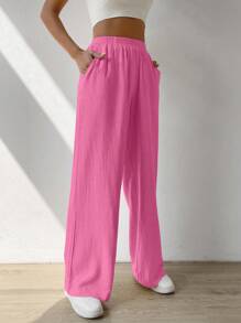 SHEIN EZwear Solid Slant Pocket Wide Leg Pants - Hot Pink - View 3