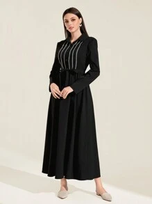 Mulvari Contrast Trim Self Belted Shirt Dress Modest Long Sleeve Dress