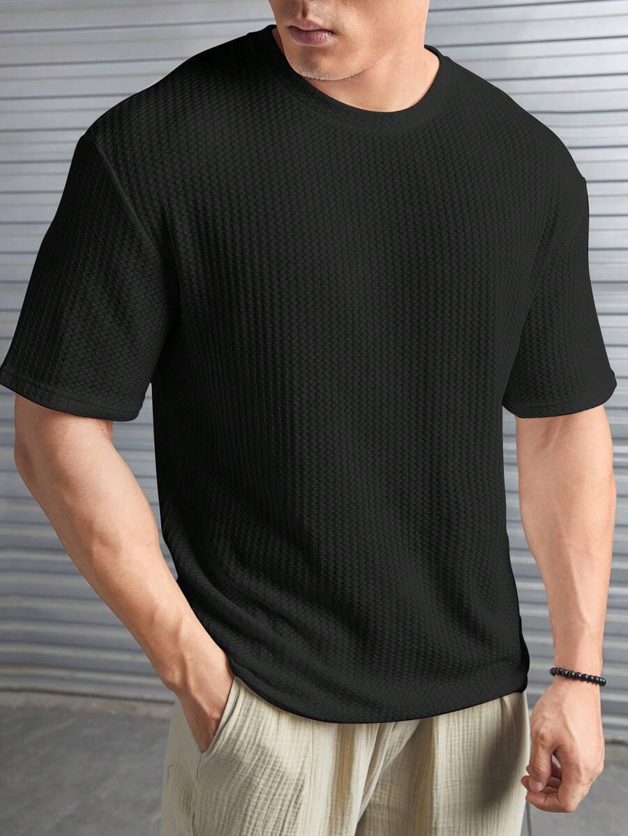 ESTAVOR Men Casual Solid Waffle Knit Tee For Summer