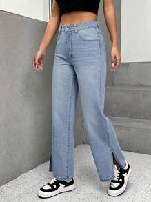 SHEIN PETITE 開衩下擺直筒牛仔褲 - 淺色水洗藍 - 查看 5