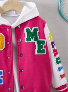 SHEIN Cô Gái Trẻ Đồ họa Chữ cái Sọc trang trí Áo khoác Đại học Không có áo Hoodie - Màu Hồng Tươi - Xem 4