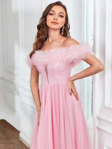 Faeriesty Elegant Floral Off-The-Shoulder Ball Gown With Oversized Tulle Skirt, Women's Formal Evening Dress For Banquet And Special Occasions – Perfect For Wedding Receptions, Red Carpet Galas, Charity Balls, Anniversary Celebrations, And Bridal Portraits - Pink - View 5