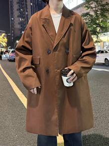 Claim Dot Loose Men's Double Breasted Trench Coat With Flap Detail - Coffee Brown - View 5