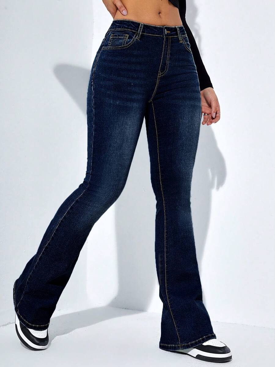 Jeanoix Slant Pocket Flare Leg Jeans Y2k - Dark Wash - View 1