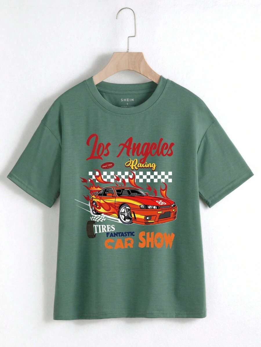 SHEIN EZwear Đồ họa ô tô và chữ cái Áo thun Thả vai - Màu xanh lá cây đậm - Xem 1