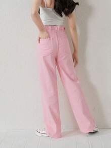 SHEIN Tween Girl Y2K Street Daily 弹性腰部直筒牛仔裤，配有扁平口袋，女孩日常 OOTD 服装 - 淺粉色 - 查看 2