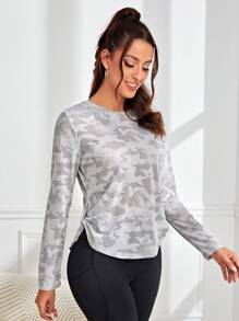 Easithlete Camo Print Curved Hem Sports Tee Gym Top - Grey - View 3