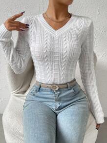 SHEIN Unity Solid V Neck Cable Knit Sweater - White - View 1