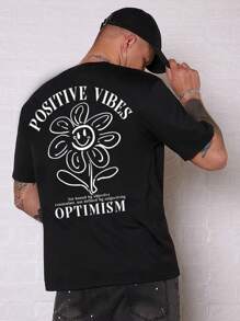 GENTILAND Hombres Camiseta con estampado floral con slogan - Negro - Ver 1