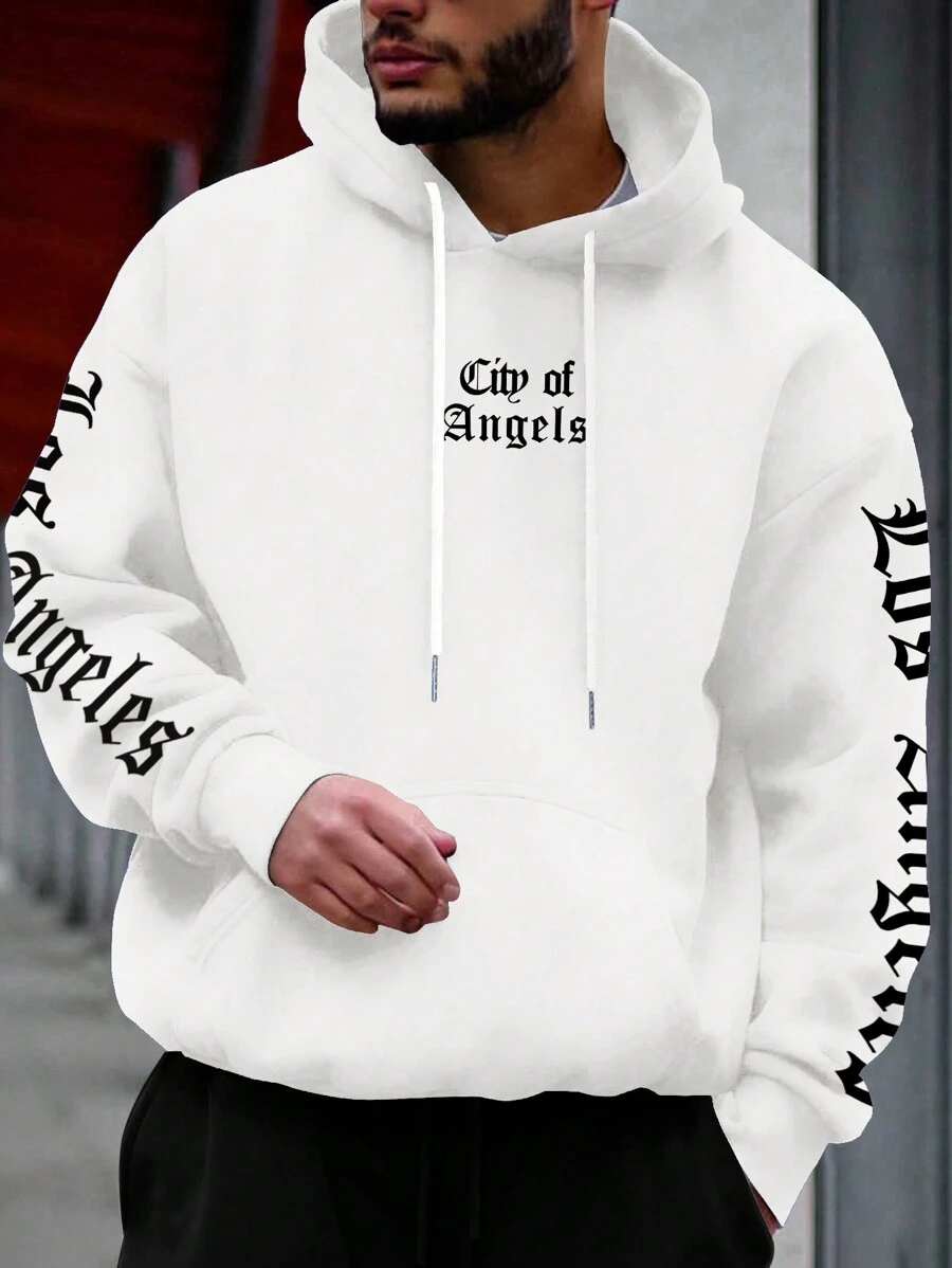 Manfinity Homme Nam Đồ họa Chữ cái Túi kangaroo Dây rút Hoodie - trắng - Xem 1