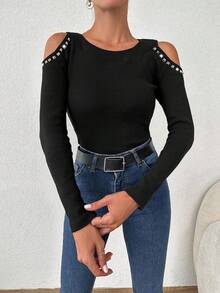 Cottnline Chi tiết đáng kinh ngạc Vai lạnh Đồ đan Ribbed Áo thun - màu đen - Xem 4