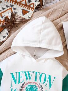 SHEIN Young Girl Letter Graphic Colorblock Hooded Sweatshirt - Multicolor - View 3