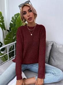 SHEIN LUNE Solid Drop Shoulder Sweater - Burgundy - View 5