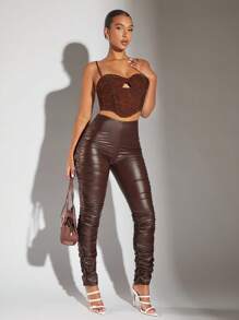 SHEIN BAE 褶飾 PU 皮革疊層長褲 - 咖啡棕 - 查看 3