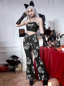 Joress PUNK Halloween Skull Print Ruched Flare Leg Pants - Black - View 4