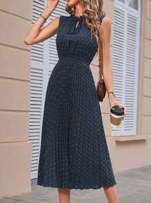 SHEIN Clasi 瑞士圆点系带领褶皱下摆连衣裙长款女装 - 藏蓝色 - 查看 3