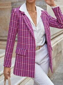 Women's Check Pattern Notched Lapel Single Button Flap Pocket Long Sleeve Blazer - Pink - View 4