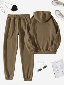INAWLY Kangaroo Pocket Drawstring Hoodie & Sweatpants - Brown - View 2