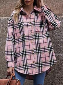 SHEIN LUNE 格紋印花落肩袖弧形下擺外套