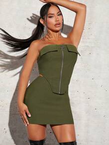SHEIN SXY Zip Up Asymmetrical Hem Tube Top & Bodycon Skirt new years eve outfit
party outfit 
sexy outfit - Army Green - View 1