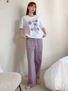 DAZY Floral Print Drop Shoulder Tee & Pants Lounge Set Pajama - Multicolor - View 7