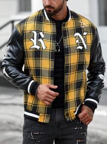 Manfinity LEGND Men Plaid & Letter Graphic Striped Trim Varsity Jacket - Yellow - View 4