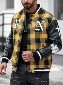 Manfinity LEGND Men Plaid & Letter Graphic Striped Trim Varsity Jacket - Yellow - View 6