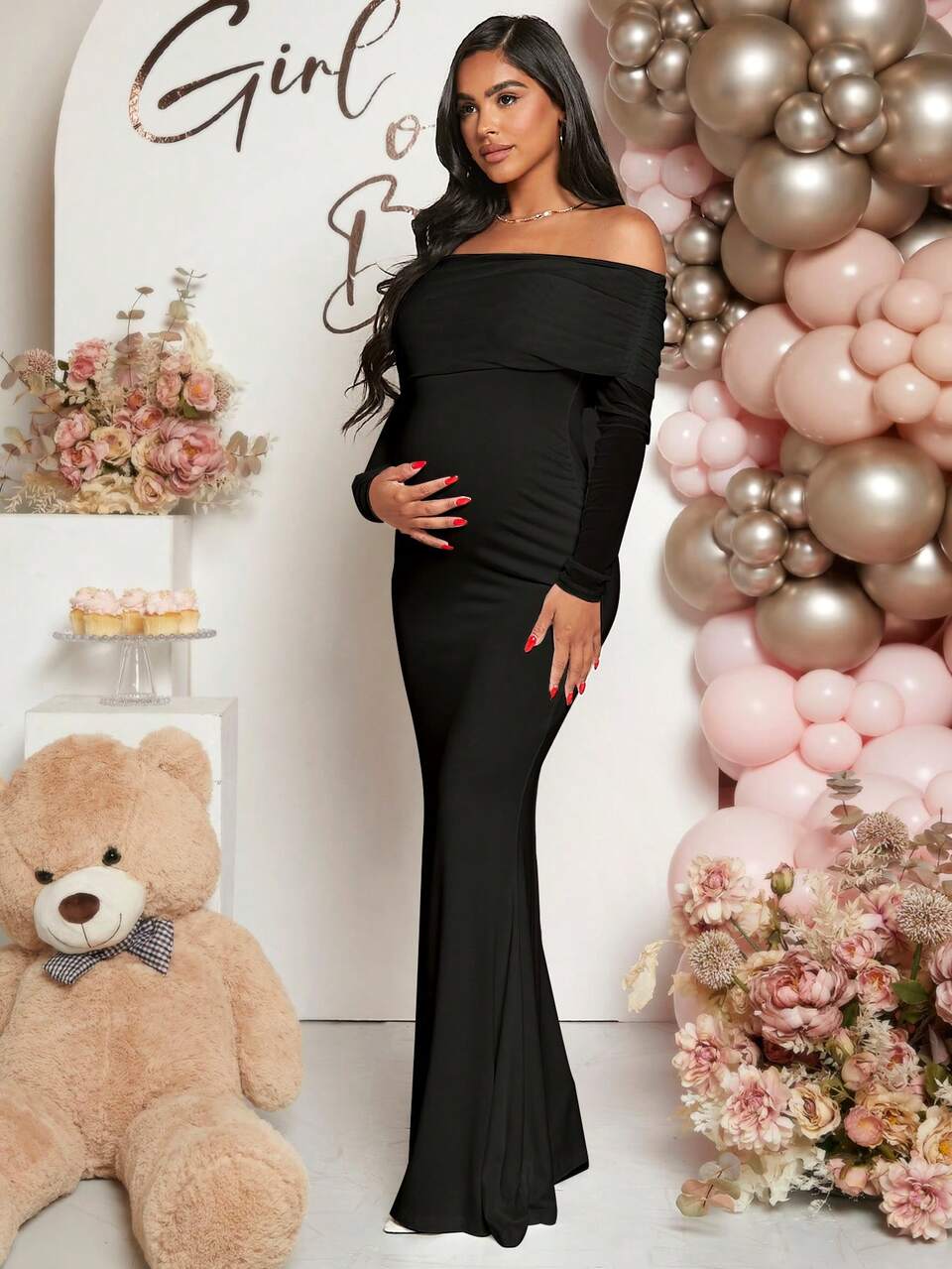 Pregnant Women Off-Shoulder Fishtail Baby Shower Long Sleeve Dress For Maternity Fall