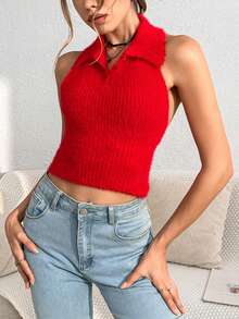 SHEIN Unity 素色露背繞頸露背針織短上衣 - 紅色 - 查看 4