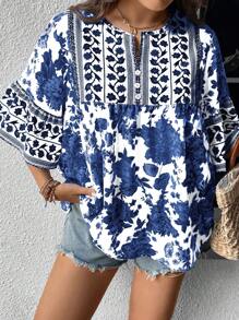 SHEIN LUNE 大碼印花缺口領荷葉袖荷葉邊下擺襯衫 - 藍色 - 查看 6