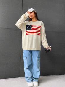 SHEIN EZwear American Flag Pattern Drop Shoulder Sweater - Multicolor - View 3