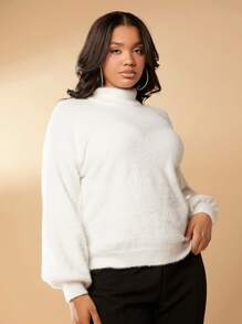 SHEIN SXY Plus Cut Out Shoulder Fluffy Knit Sweater - White - View 5