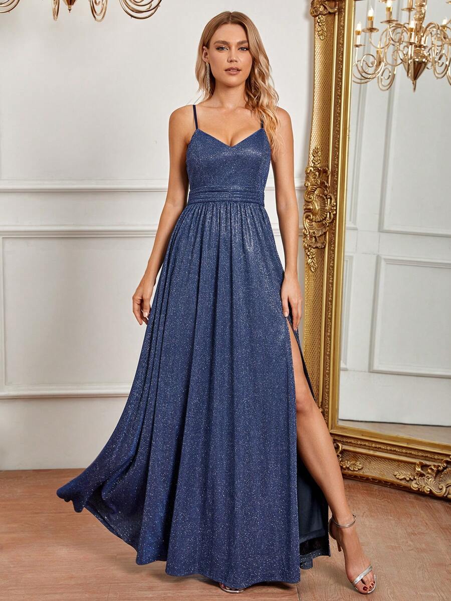 SHEIN Belle 高衩金屬亮絲正式洋裝 - 藍色 - 查看 1