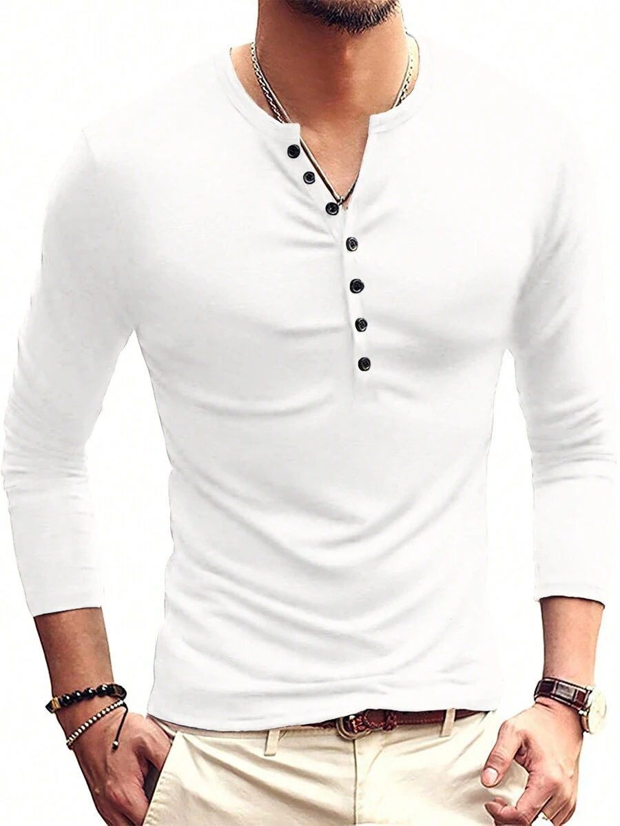 Men Round Neck Solid Half Button Long Sleeve Tee - Beige - View 1