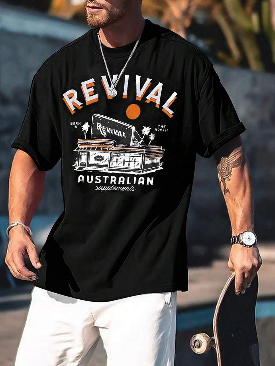 男士字母圖案T恤 - 黑色 - 查看 1