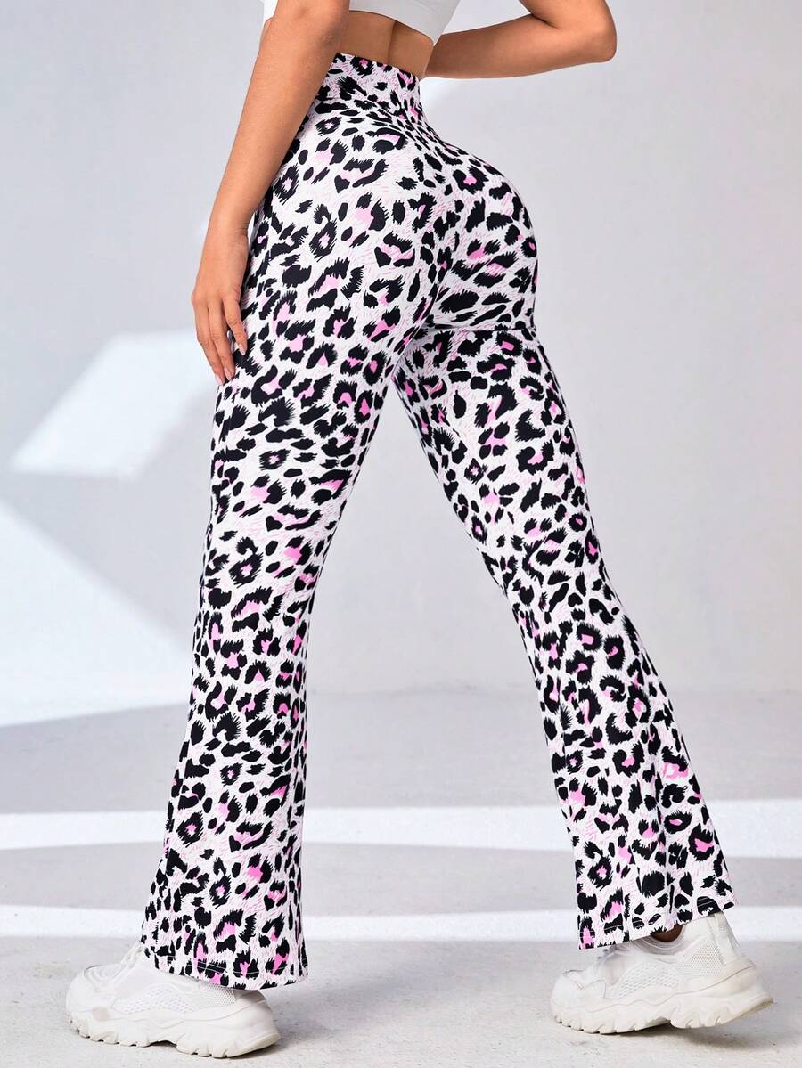 Leopard Print Wide Waistband Flare Leg Sports Pants - Multicolor - View 1