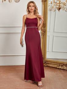 SHEIN Belle 水鑽細節魚尾裙下擺伴娘洋裝 - 紅色 - 查看 4