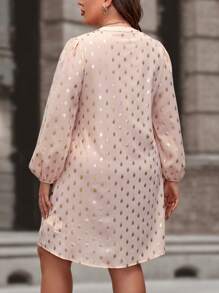 SHEIN Clasi Plus Gold Dot Print Lantern Sleeve Dress - Pink - View 2