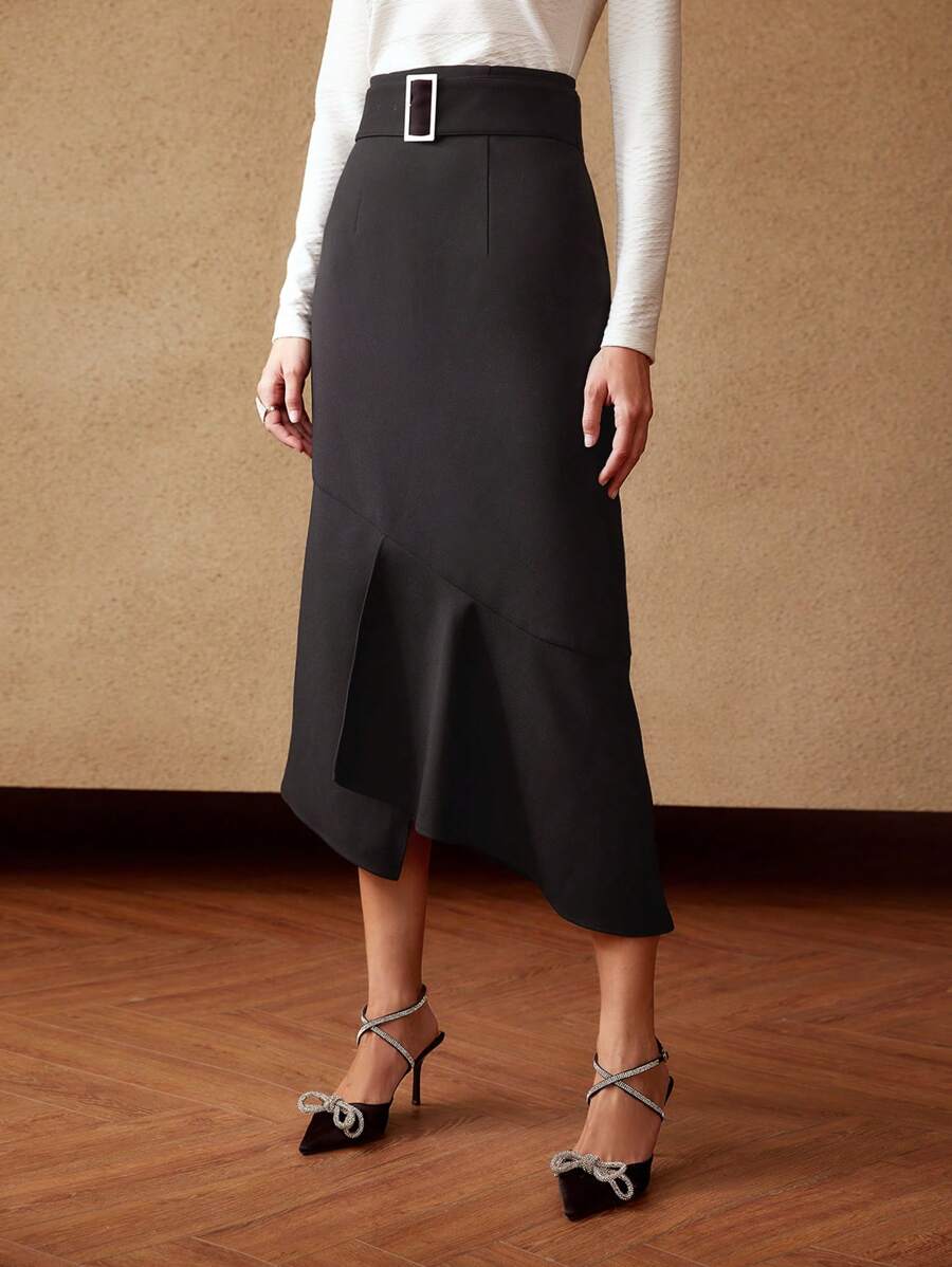 MOTF PREMIUM BELTED ASYMMETRICAL HEM SKIRT