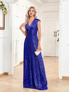 BluePlum Đầm dạ hội thanh lịch dành cho nữ, chất liệu vải đính cườm sang trọng, thiết kế xếp ly eo, thích hợp cho các buổi tiệc, lễ tốt nghiệp, đám cưới, sự kiện, dạ hội và các buổi khiêu vũ trang trọng (Phiên bản cao cấp) - Xanh đậm - Xem 5