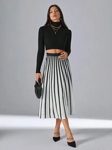 SHEIN Privé Striped Print High Waist Skirt - Black and White - View 4