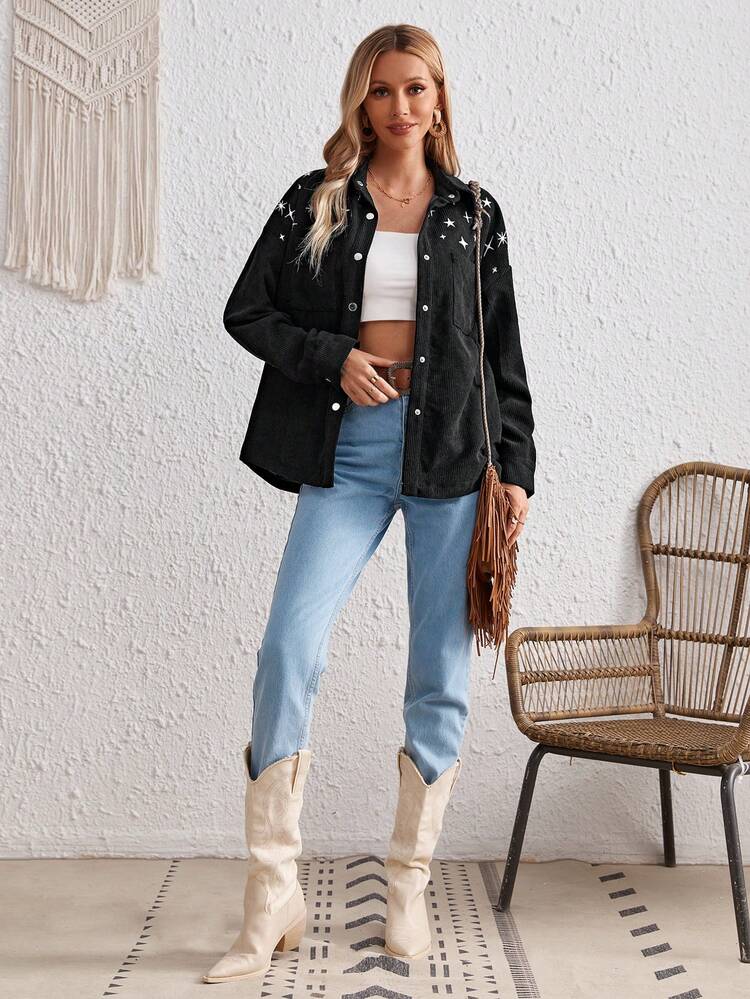 Star Print Drop Shoulder Corduroy Coat