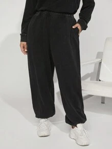 SHEIN BASICS Plus Size Women's Tapered Jogger Pants With Gathered Ankles  Joggers - Black - View 4