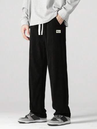 男士字母補丁細節腰部抽繩長褲